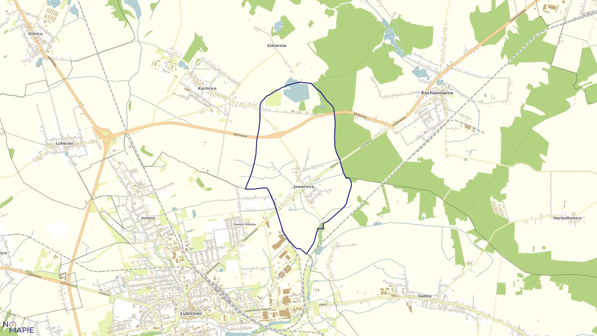 Mapa obrębu Jawornica w gminie Kochanowice