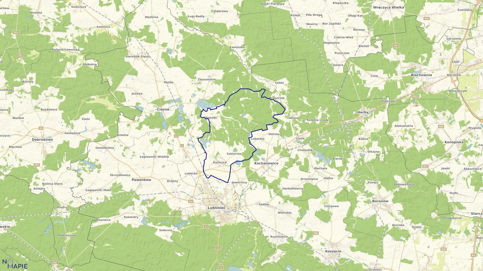 Mapa obrębu Kochcice w gminie Kochanowice